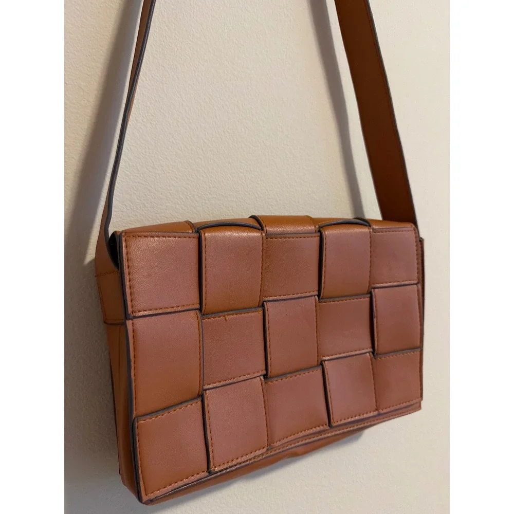 Squared Woven Cassette Crossbody Bag Cognac Brown Faux Leather